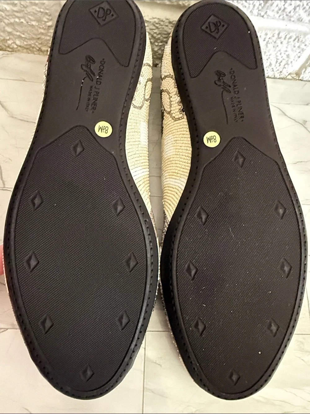 Donald J Pliner Beaded Dog Face Loafers in Beige and Tan